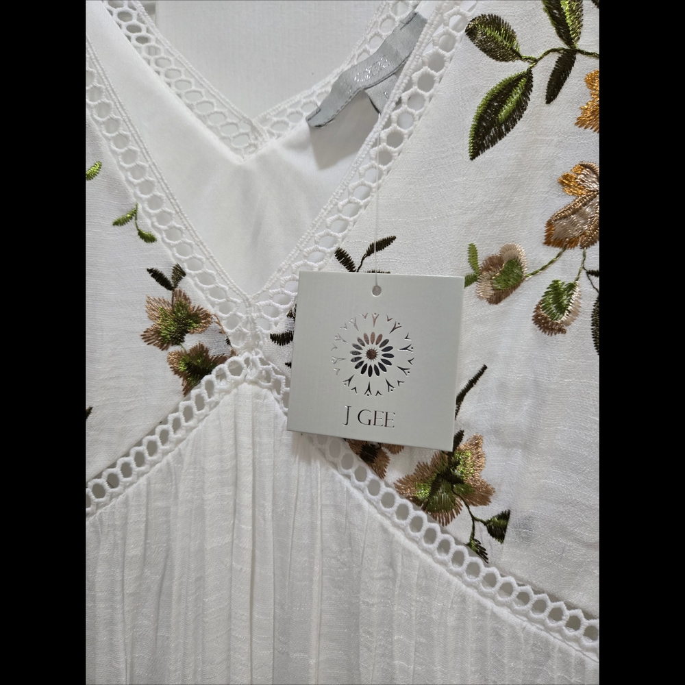 J GEE Bohemian White Floral Lace-Trim V-Neck Tunic Dresz Sz L - Picture 3 of 7